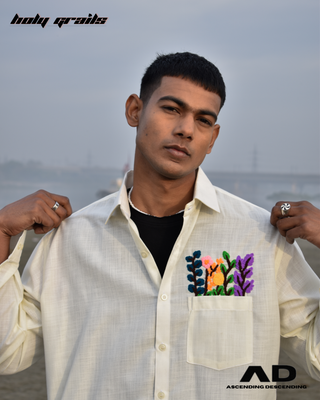 Guy in Streetwear Style 'Rangoli' White Oversized Linen Full Sleeve Shirt - Front Close Up