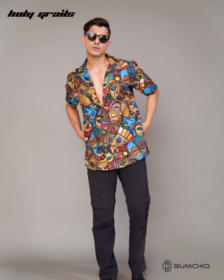 Guy in Streetwear Style 'SkullCap Artistry' Multi-Color Cotton Shirt - Front
