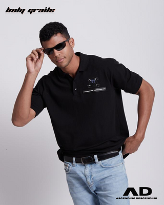 Guy in Streetwear Style 'The Polo' Black Oversized 280GSM Terry Knit Matty Cotton T-Shirt  - Front paired with blue denim and black shades