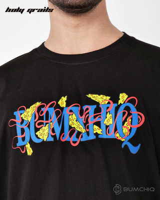 Guy in Streetwear Style 'Tom & Jerry' Black 240 GSM French Terry Cotton T-Shirt - Front Close Up