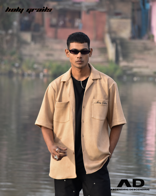 Guy in Streetwear Style 'Vintage Suede Mustard' Beige Oversized Vegan Suede Shirt - Front
