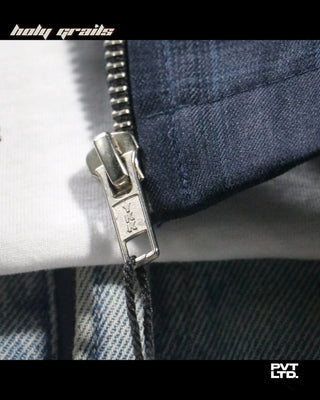 Guy in Street Style 'Blaze Grid Zip Up' Navy Grid-Check Zipper Jacket HG x Pvt Ltd - Front Zipper Close Up
