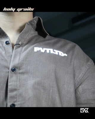 Guy in Street Style 'Brown' 135 GSM 80% Cotton 20% Linen Boxy Fit Shirt HG x Pvt Ltd - Front Close Up