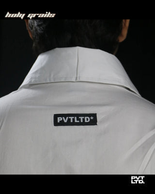 Guy in Street Style 'Chakravyuh 2.0' White 100% Cotton Boxy Fit Full Sleeve Shirt HG x Pvt Ltd - Back Close Up