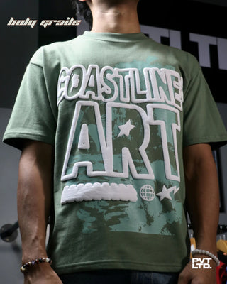 Guy in Street Style 'Coastline Art' Green Oversize 260 GSM Cotton Printed Tee HG x Pvt Ltd - Front