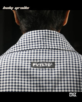 Guy in Street Style 'Devil In Me 2.0' White Check Cotton Graphic Boxy Fit Shirt HG x Pvt Ltd - Back Close Up