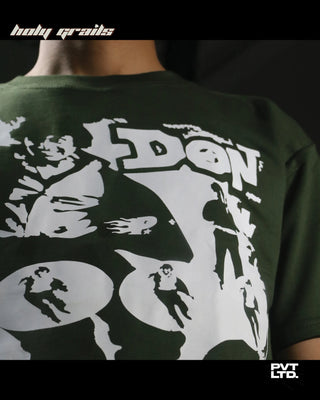 Guy in Street Style 'Don' Green Cotton Graphic Oversize Tee HG x Pvt Ltd - Front Print Close Up