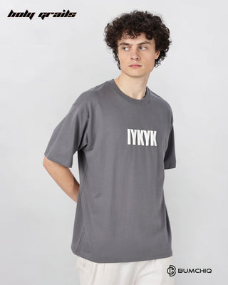 Guy in Street Style 'IYKYK' Grey 240 GSM 100% Terry Cotton Screen Printed Oversize Graphic Tee HG x Bumchiq - Side 1