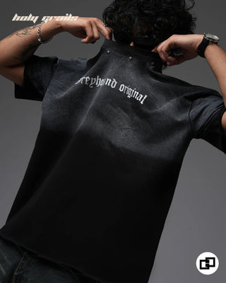 Guy in Streetwear Style 'Locally Hated' Grey Black 240 GSM 100% Cotton Oversize T-Shirt HG x Grey Hound - Front  Close Up