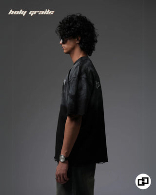 Guy in Streetwear Style 'Locally Hated' Grey Black 240 GSM 100% Cotton Oversize T-Shirt HG x Grey Hound - Side 1