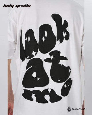 Guy in Street Style 'Look At Me' White 240 GSM 100% Terry Cotton Screen Printed Oversize Graphic Tee HG x Bumchiq - Back Print Close Up