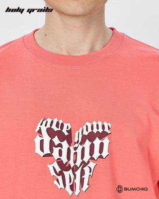 Guy in Street Style 'Love Live' Pink 240 GSM 100% Terry Cotton Screen Print Oversize Graphic Tee HG x Bumchiq - Front Print Close Up