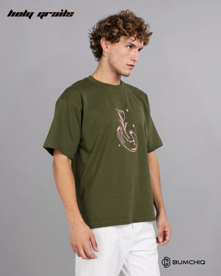 Guy in Street Style 'Luv Known' Olive Green 240 GSM 100% Terry Cotton Screen Printed Oversize Graphic Tee HG x Bumchiq - Side 1