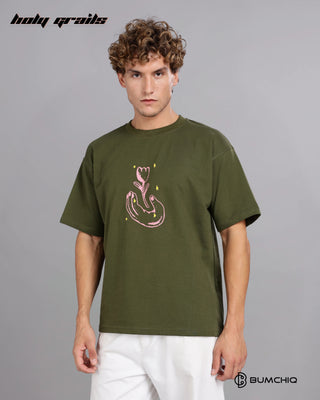 Guy in Street Style 'Luv Known' Olive Green 240 GSM 100% Terry Cotton Screen Printed Oversize Graphic Tee HG x Bumchiq - Side 2