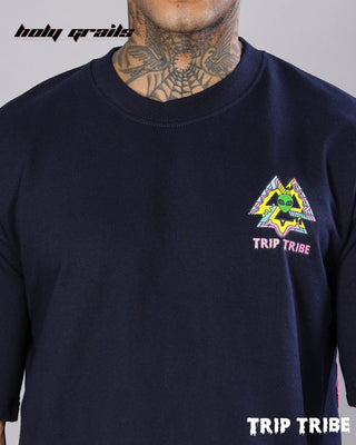Guy in Street Style 'Macrodosing' Black 240 GSM 100% Cotton Oversize T-Shirt HG x Trip Tribe - Front Close Up