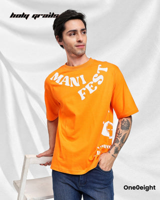 Guy in Street Style 'Manifest' Orange Graphic Printed Oversize Tee HG x One0eight - Front