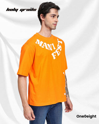 Guy in Street Style 'Manifest' Orange Graphic Printed Oversize Tee HG x One0eight - Side 1