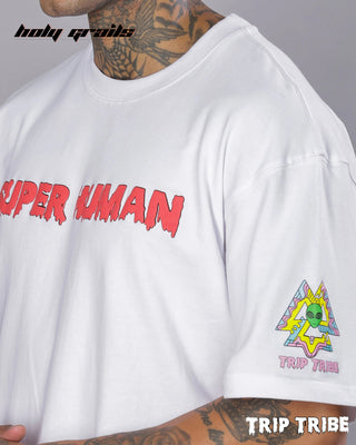 Guy in Street Style 'Molly' White 240 GSM 100% Cotton Oversize Graphic T-Shirt HG x Trip Tribe - Front Side Sleeve Close Up