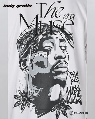 Guy in Street Style 'Muse Era' White 240 GSM 100% Terry Cotton Screen Printed Oversize Graphic Tee HG x Bumchiq - Back Print Close Up