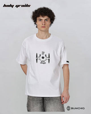Guy in Street Style 'Muse Era' White 240 GSM 100% Terry Cotton Screen Printed Oversize Graphic Tee HG x Bumchiq - Front