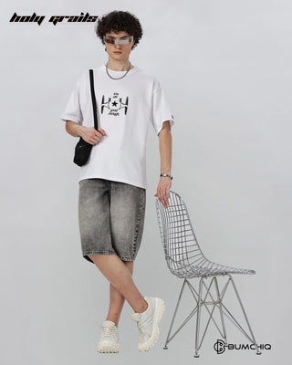 Guy in Street Style 'Muse Era' White 240 GSM 100% Terry Cotton Screen Printed Oversize Graphic Tee HG x Bumchiq - Front Full
