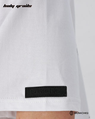 Guy in Street Style 'Muse Era' White 240 GSM 100% Terry Cotton Screen Printed Oversize Graphic Tee HG x Bumchiq - Sleeve Close Up