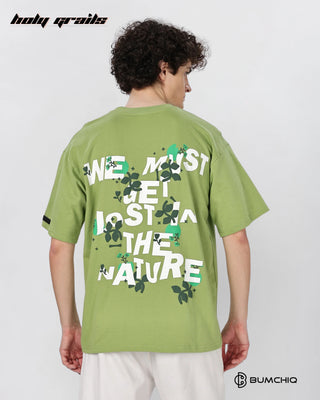 Guy in Street Style 'Nature Lost' Green 240 GSM 100% Terry Cotton Screen Printed Oversize Graphic Tee HG x Bumchiq - Back Close