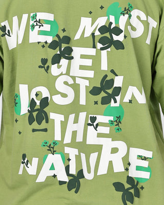 Guy in Street Style 'Nature Lost' Green 240 GSM 100% Terry Cotton Screen Printed Oversize Graphic Tee HG x Bumchiq - Back Print Close Up