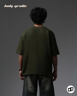 Guy in Streetwear Style 'Not So Basic' Military Green 240 GSM 100% Cotton Embroidered Oversize T-Shirt HG x Grey Hound - Back