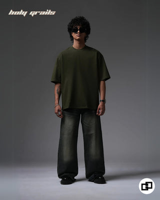 Guy in Streetwear Style 'Not So Basic' Military Green 240 GSM 100% Cotton Embroidered Oversize T-Shirt HG x Grey Hound - Front Full