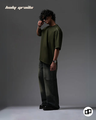 Guy in Streetwear Style 'Not So Basic' Military Green 240 GSM 100% Cotton Embroidered Oversize T-Shirt HG x Grey Hound - Front Side Full