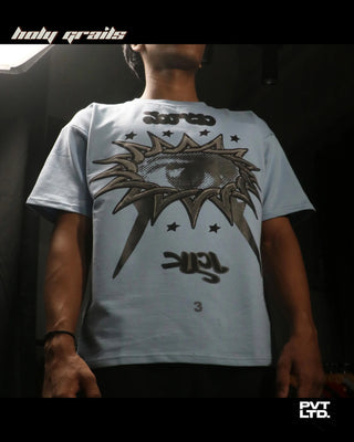 Guy in Street Style 'Parallax' Icy Blue 270 GSM Cotton Boxy Fit Printed Graphic Tee HG x Pvt Ltd - Front Below