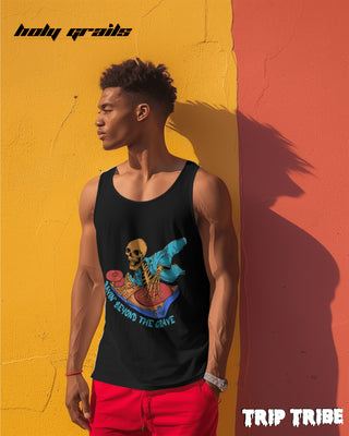 Guy in Street Style 'Ravin’ Beyond the Grave Skeleton DJ' 180 GSM 100% Cotton Black Sleeveless Vest HG x Trip Tribe - Front