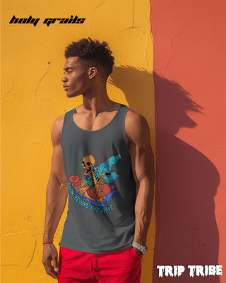 Guy in Street Style 'Ravin’ Beyond the Grave Skeleton DJ' 180 GSM 100% Cotton Charcoal Melange Sleeveless Vest HG x Trip Tribe - Front