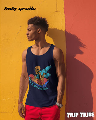 Guy in Street Style 'Ravin’ Beyond the Grave Skeleton DJ' 180 GSM 100% Cotton Navy Blue Sleeveless Vest HG x Trip Tribe - Front