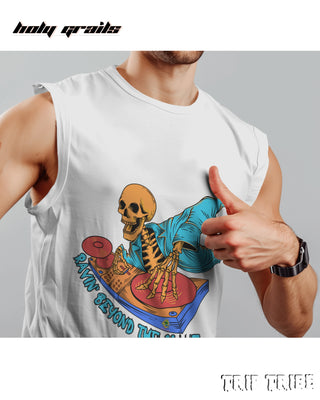 Guy in Street Style 'Ravin’ Beyond the Grave Skeleton DJ' 180 GSM 100% Cotton White Sleeveless Vest HG x Trip Tribe - Front Close Up