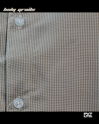 Guy in Street Style 'Royal' Brown Grid Cotton Boxy Fit Shirt HG x Pvt Ltd - Front Grid Close Up