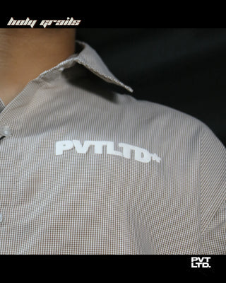 Guy in Street Style 'Royal' Brown Grid Cotton Boxy Fit Shirt HG x Pvt Ltd - Front Print Close Up