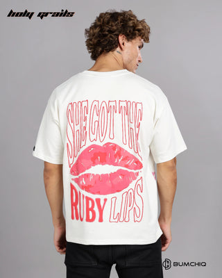 Guy in Street Style 'Ruby Lips' White 240 GSM 100% Terry Cotton Screen Printed Oversize Graphic Tee HG x Bumchiq - Back