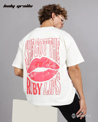 Guy in Street Style 'Ruby Lips' White 240 GSM 100% Terry Cotton Screen Printed Oversize Graphic Tee HG x Bumchiq - Back Sitting