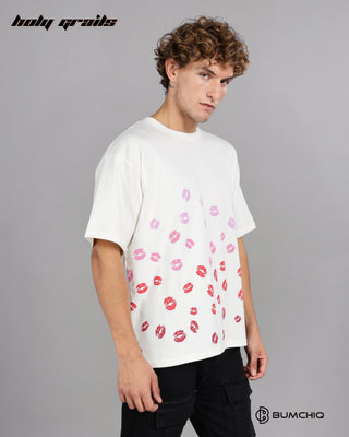 Guy in Street Style 'Ruby Lips' White 240 GSM 100% Terry Cotton Screen Printed Oversize Graphic Tee HG x Bumchiq - Side 1
