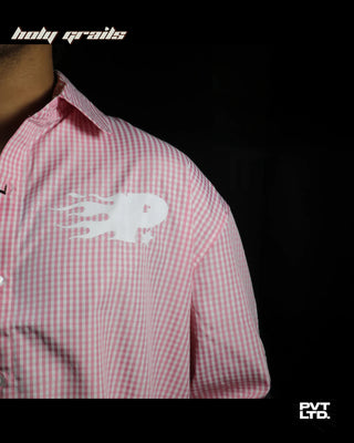 Guy in Street Style 'Rush Hour' Pink Check Cotton Lightweight Boxy Fit Printed Shirt HG x Pvt Ltd - Front Close Up