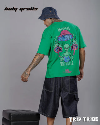 Guy in Street Style 'Shroomed Universe' Green 240 GSM 100% Cotton Oversize Tee HG x Trip Tribe - Back