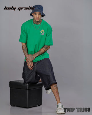 Guy in Street Style 'Shroomed Universe' Green 240 GSM 100% Cotton Oversize Tee HG x Trip Tribe - Front