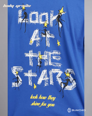 Guy in Street Style 'Star Gaze' Blue 240 GSM 100% Terry Cotton Screen Printed Oversize Graphic Tee HG x Bumchiq - Back Print Close Up