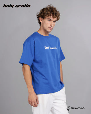 Guy in Street Style 'Star Gaze' Blue 240 GSM 100% Terry Cotton Screen Printed Oversize Graphic Tee HG x Bumchiq - Side 1