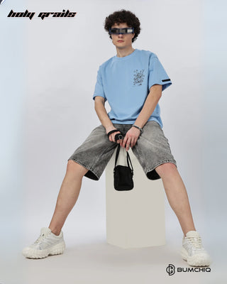 Guy in Street Style 'The Journey' Blue 240 GSM 100% Terry Cotton Screen Printed Oversize Graphic Tee HG x Bumchiq - Front Sitting