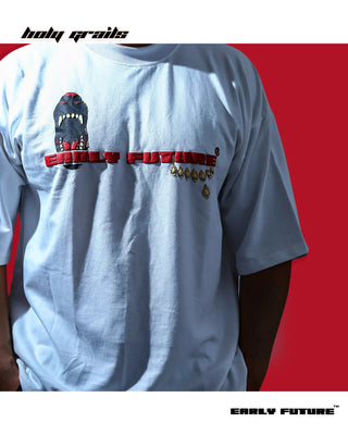 Guy in Street Style 'Thriving in Chaos' Ghost White 240 GSM 100% Terry Cotton Puff Printed Oversize T-Shirt - Front