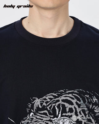 Guy in Street Style 'Tiger Roar' Black 240 GSM 100% Terry Cotton Screen Printed Oversize Graphic Tee HG x Bumchiq - Front Neck Close Up