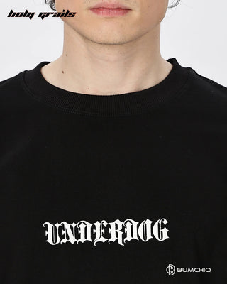 Guy in Street Style 'Underdog' Black 240 GSM 100% Terry Cotton Screen Printed Oversize Graphic Tee HG x Bumchiq - Front Print Close Up